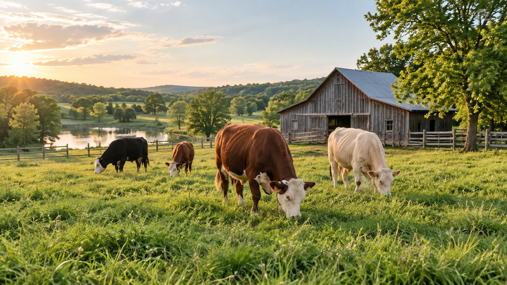 Country farm scene with 4 cows grazing