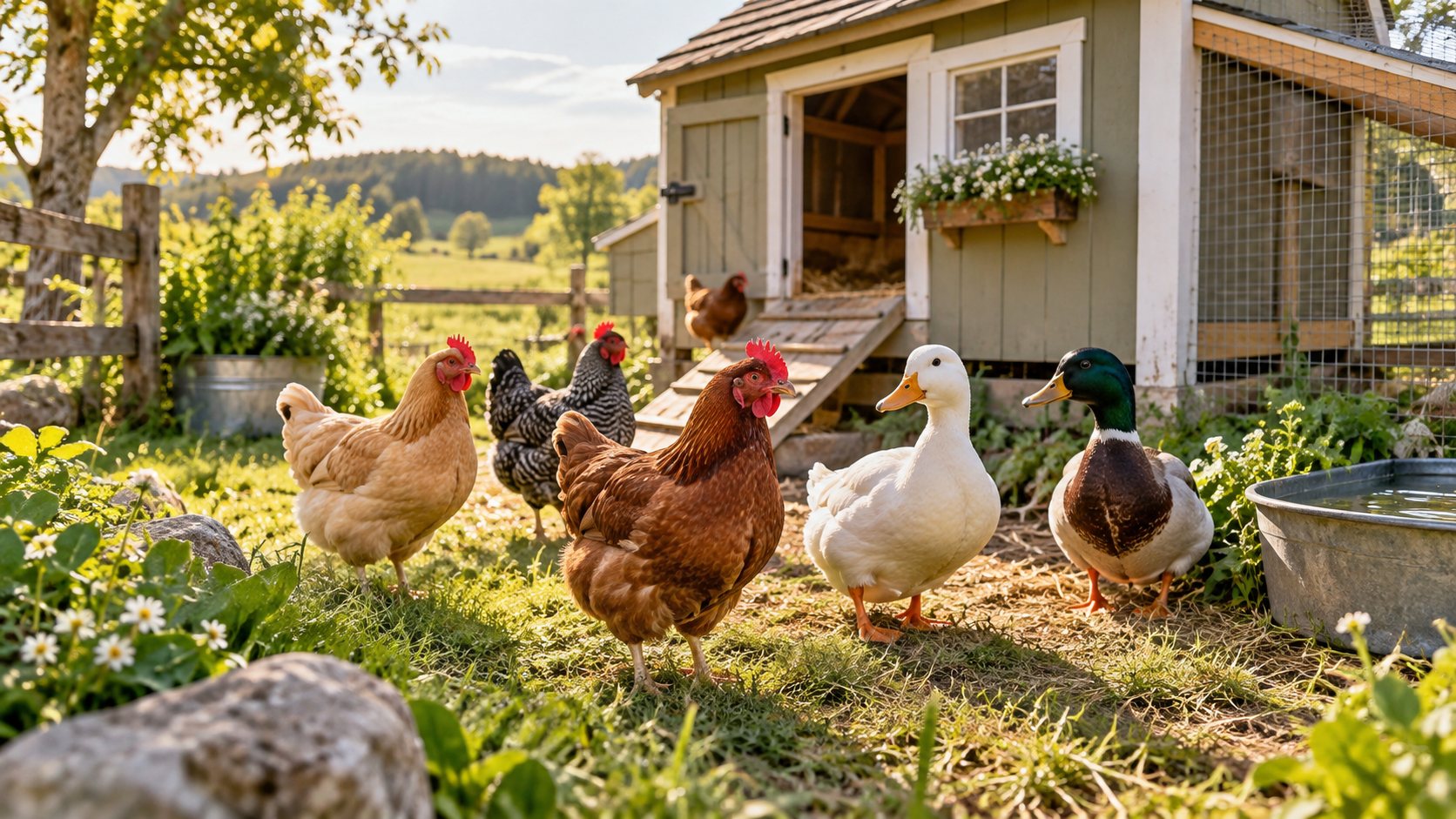 Coop with 4 chickens and 2 ducks