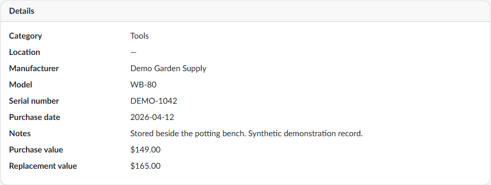 Actual Asset details screen with a model number, purchase date, notes and values, using synthetic demo data.